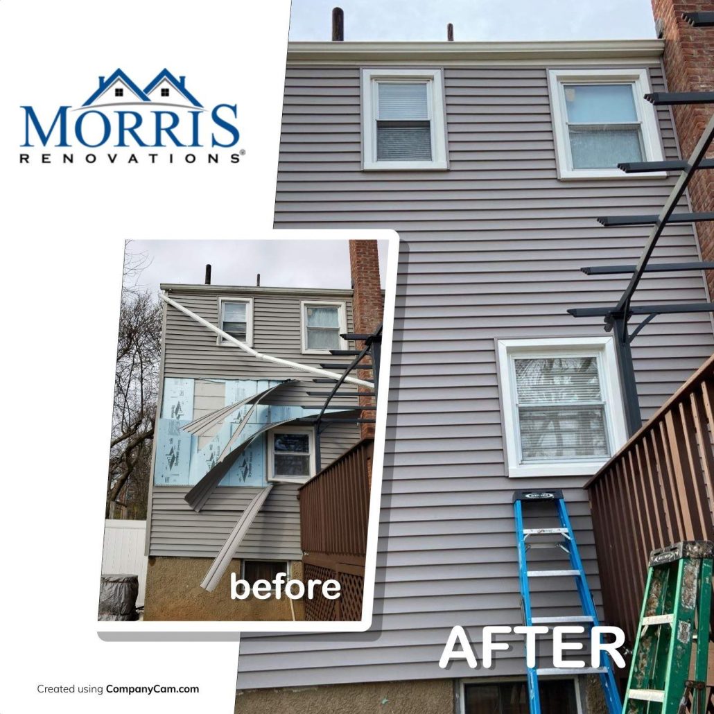 Before and after picture of a house with torn off siding prior to emergency siding repair contractor repairing it. after picture shows the grey vinyl siding that has been matched perfectly without signs of any previous siding damage.
