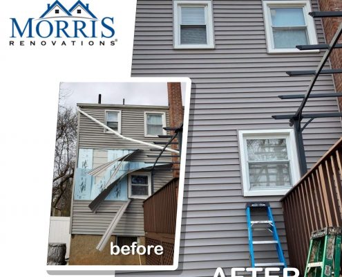 Before and after picture of a house with torn off siding prior to emergency siding repair contractor repairing it. after picture shows the grey vinyl siding that has been matched perfectly without signs of any previous siding damage.