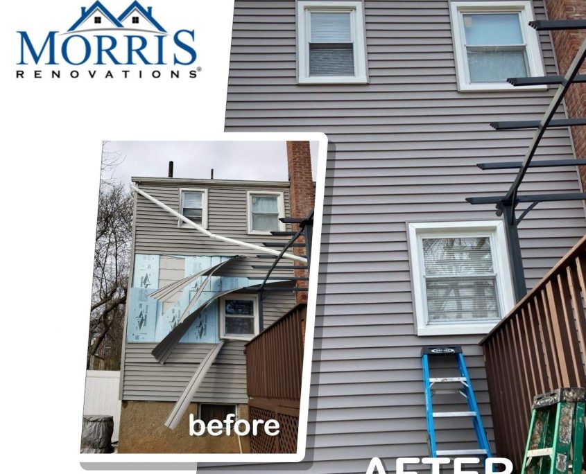 Before and after picture of a house with torn off siding prior to emergency siding repair contractor repairing it. after picture shows the grey vinyl siding that has been matched perfectly without signs of any previous siding damage.
