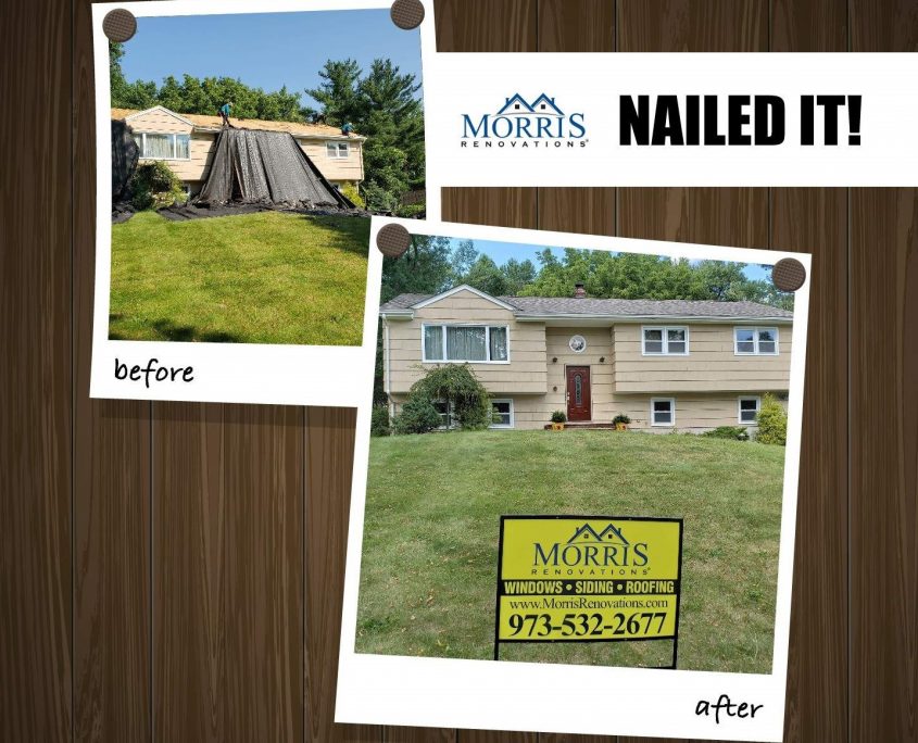 Before and After picture of roofing installation nj. Before picture shows ripped off roof with tarp draping over the roof. The after picture shows a roofing contractors sign in front of the house with a newly installed roof. Morris renovations is written on the yard sign