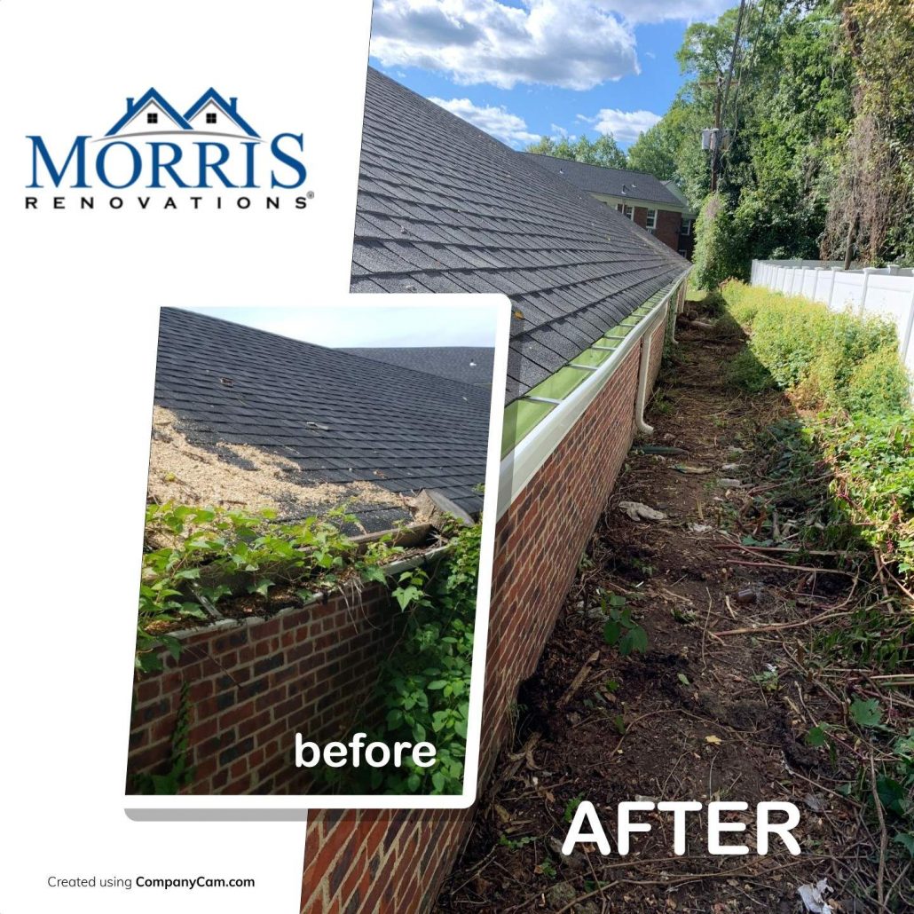 Before and after picture of gutter replacement nj. Before pictures shows clogged gutters with overgrown branches and after shows a clean gutter that water can easily flow through.