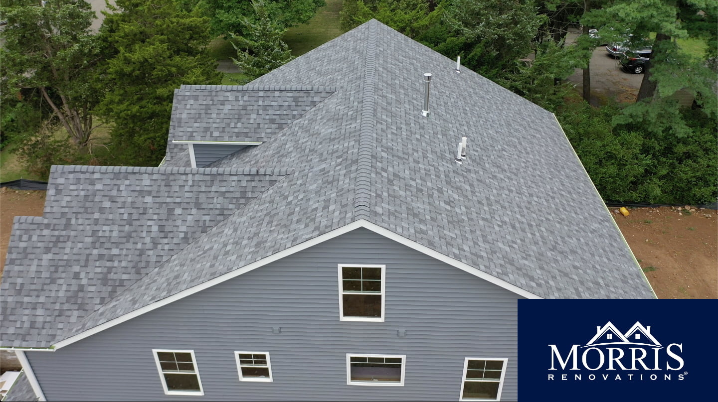 Close-up of a newly installed asphalt shingle roof by Morris Renovations in Morris County, NJ