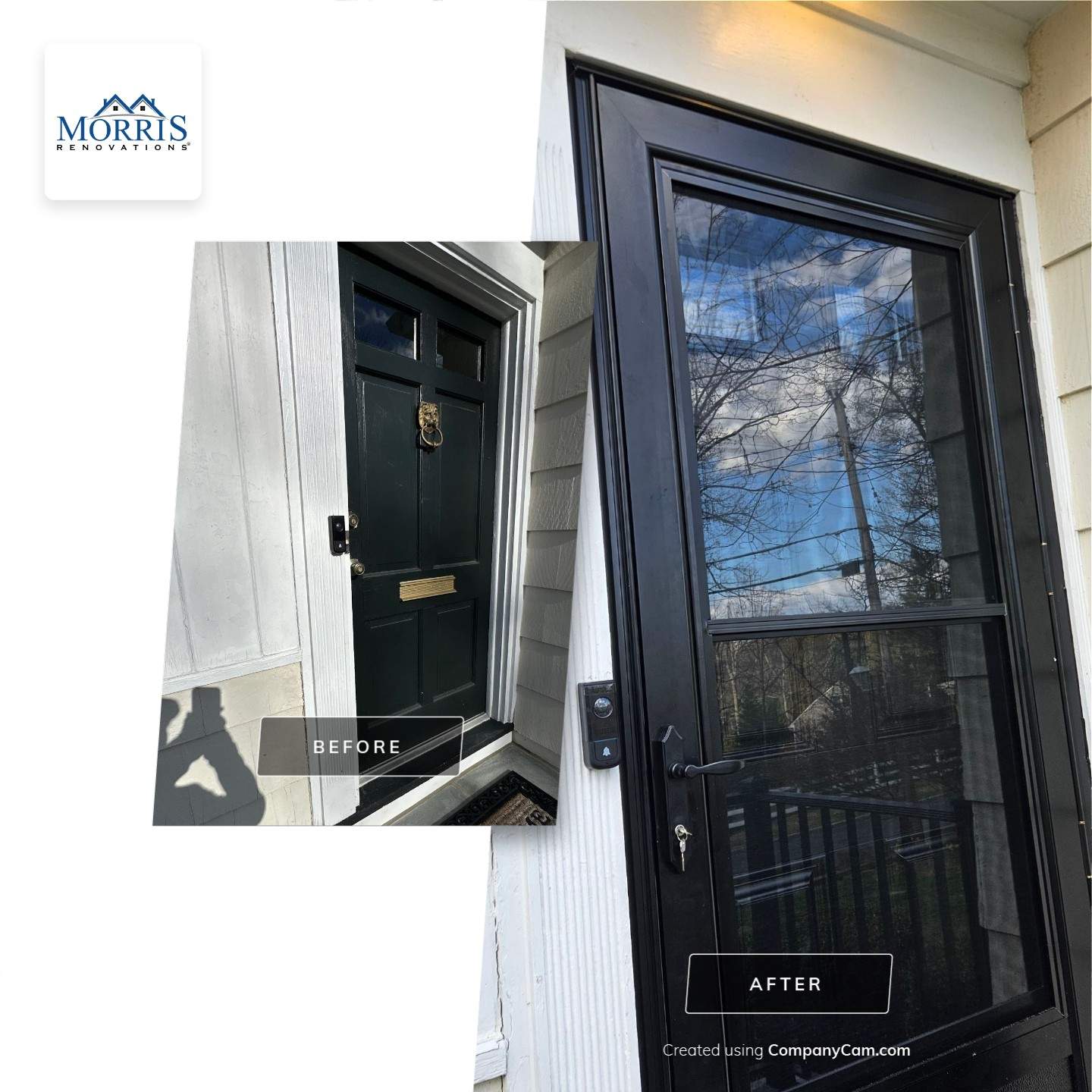 Before and after image of a front door renovation by Morris Renovations. The 'before' photo shows an older, traditional black wooden door with brass hardware and a mail slot. The 'after' photo displays a sleek, modern black storm door with a large glass panel, improved weather sealing, and a new doorbell camera installed on the trim.